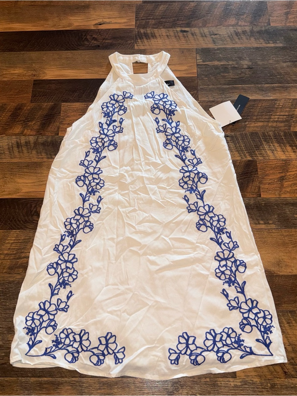 Lulu's White Halter Dress with Blue Floral Embroidery